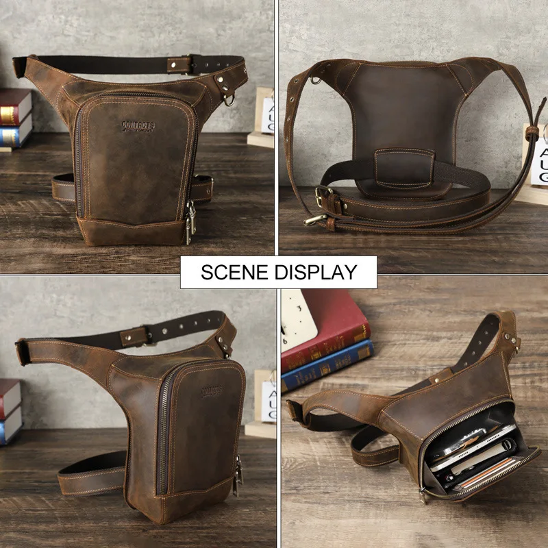 Fashion British Style Top Layer Cowhide Men's Outdoor Mountaineering Multi Functional Leather Motorcycle Waist Mobile Phone Bags