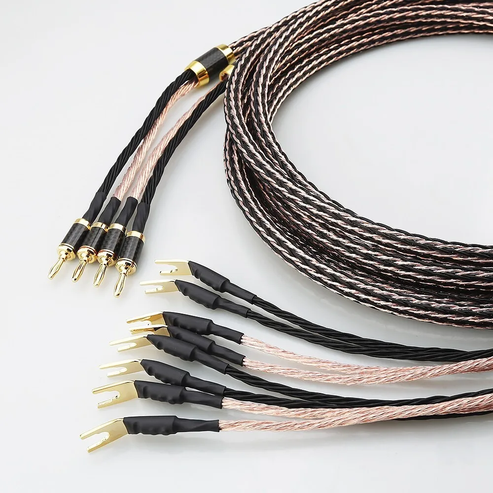 Audiocrast 7N OCC  Pure Copper Speaker Cable With High-end Braided Anti-noise Carbon Fiber Banana to Y Plug Speaker Audio Cable