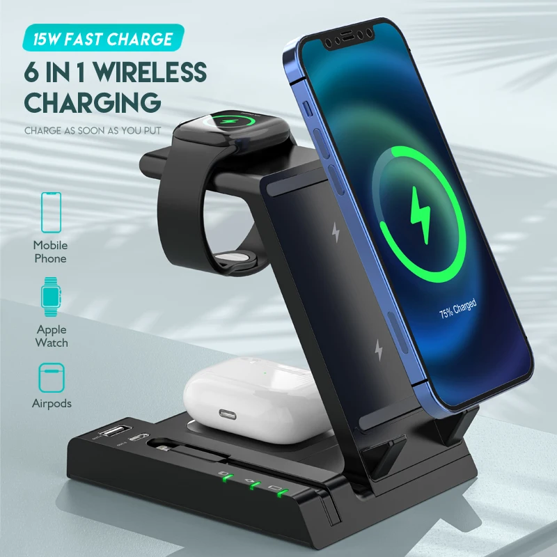 6 in 1 Fast Wireless Charger 15W For iPhone Smart Watch TWS Bluetooth Earphone Qi Fast Charging Pad for Samsung Xiaomi Mi Huawei