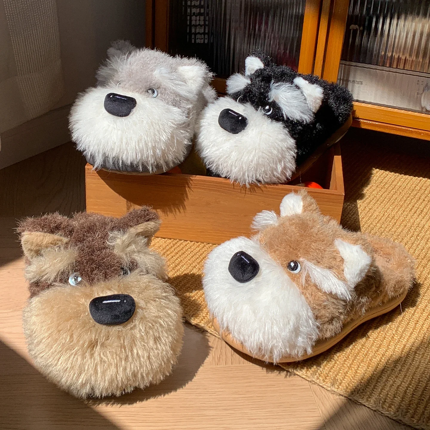 Women Winter Kawaii Puppy Dog Fluffy Fur Slippers Thick Bottom Platform Long Plush Cotton Slippers Closed Toe House Fuzzy Shoes