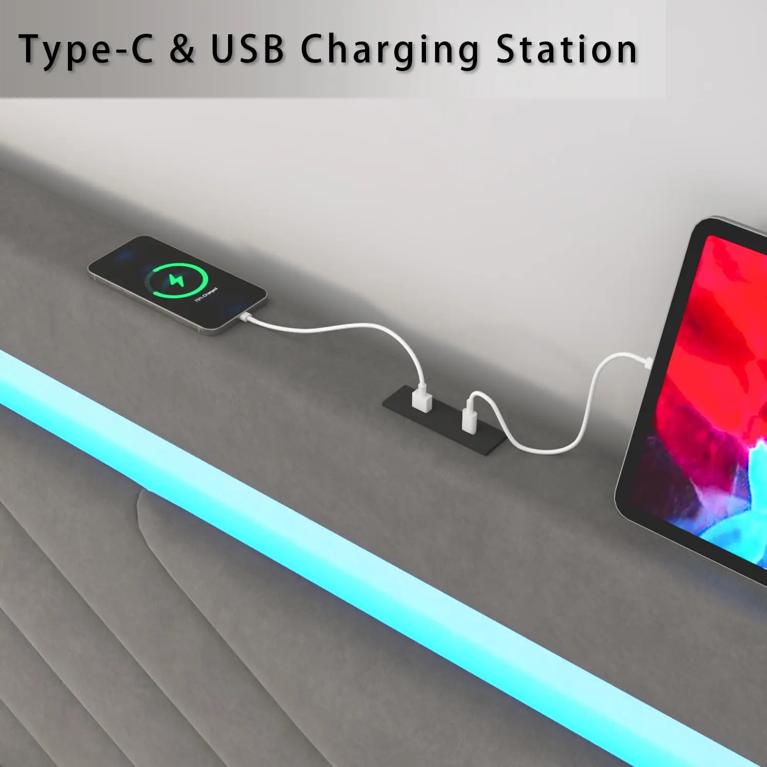 Twin Bed Frame with LED Headboard and Storage Drawer, Velvet Platform Bed Frame Twin Size with Charging Station, Adjustable