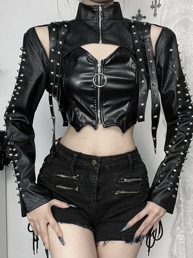 Vintage Women Gothic Dark Cyber Punk Rivets Strap Long Sleeve Crop Tops 2024 New Harajuku Pu Jacket Emo Alt Grunge Clothes Femme