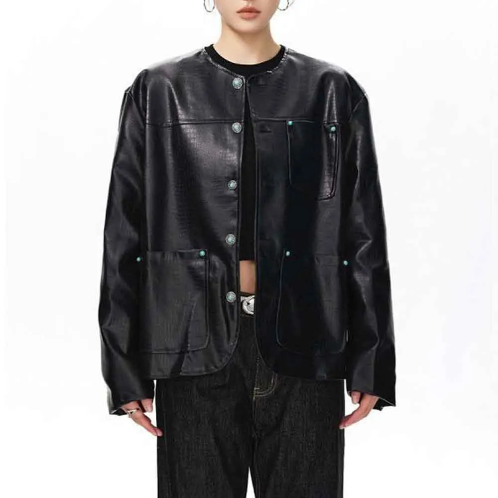 

Осенняя новая мужская однотонная кожаная куртка с длинными рукавами в американском стиле ретро, модные тенденции, свободные повседневные простые нишевые мужские топы