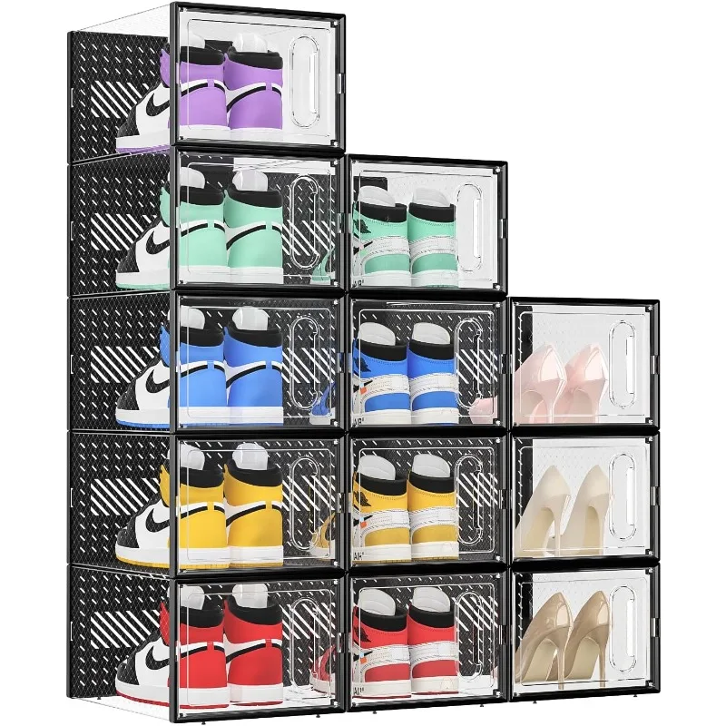 Large Shoe Storage Box with Magnetic Door, 12 Pack Clear Plastic Stackable Shoe Organizer for Closet