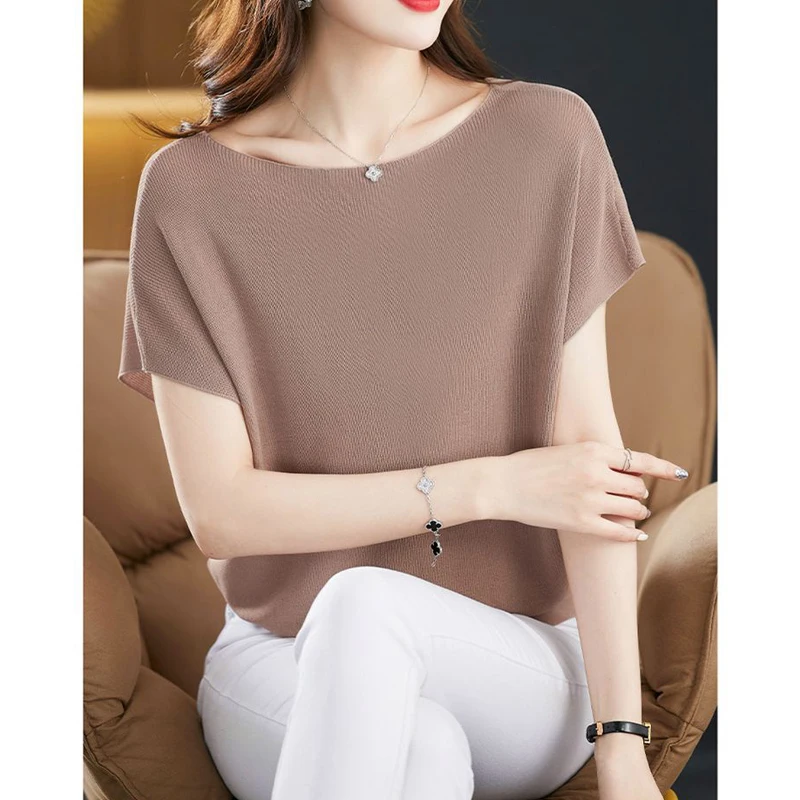 Women Korean Simple Casual Elegant Ice Silk Knitted T-shirts Summer Female Fashion Short Sleeve Solid Loose Pullover Basic Tops