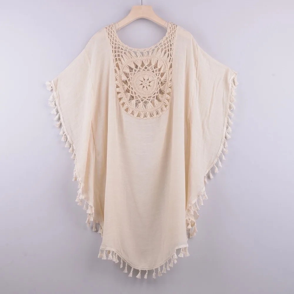 New Knitted Sunflower Beach Cover Up Large Size Hollow Out Bathing Suit Fringe Tunic Bikini Cover Ups Beach