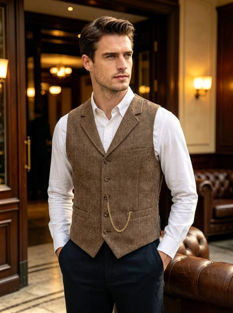 Men's Casual Classic Suit Vest Mandarin Collar Herringbone Wanzi pattern PanKou Slim Fit Business Waistcoat For Dance Party