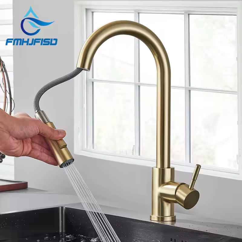 Fmhjfisd-torneira de ouro escovado, puxador, misturador de água, alça única, rotação de 360, cozinha, banheiro
