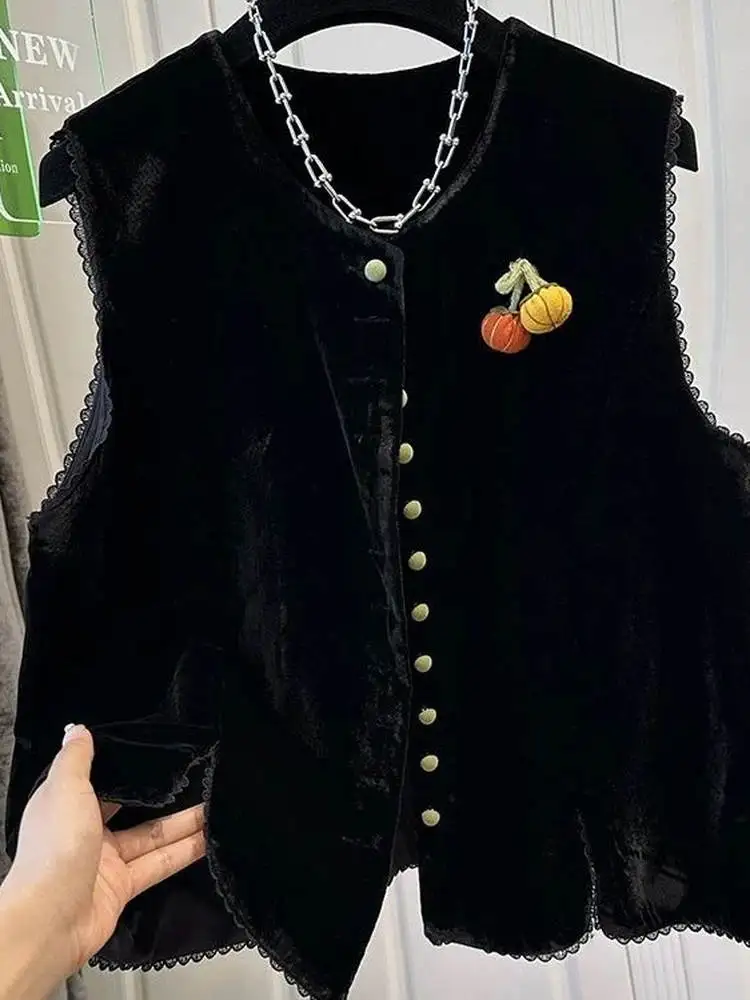 

Женский осенний жилет с бархатной кружевной отделкой и одной пуговицей, милый вишневый топ с эффектом омоложения, пэчворк, большие размеры, 300 Pou