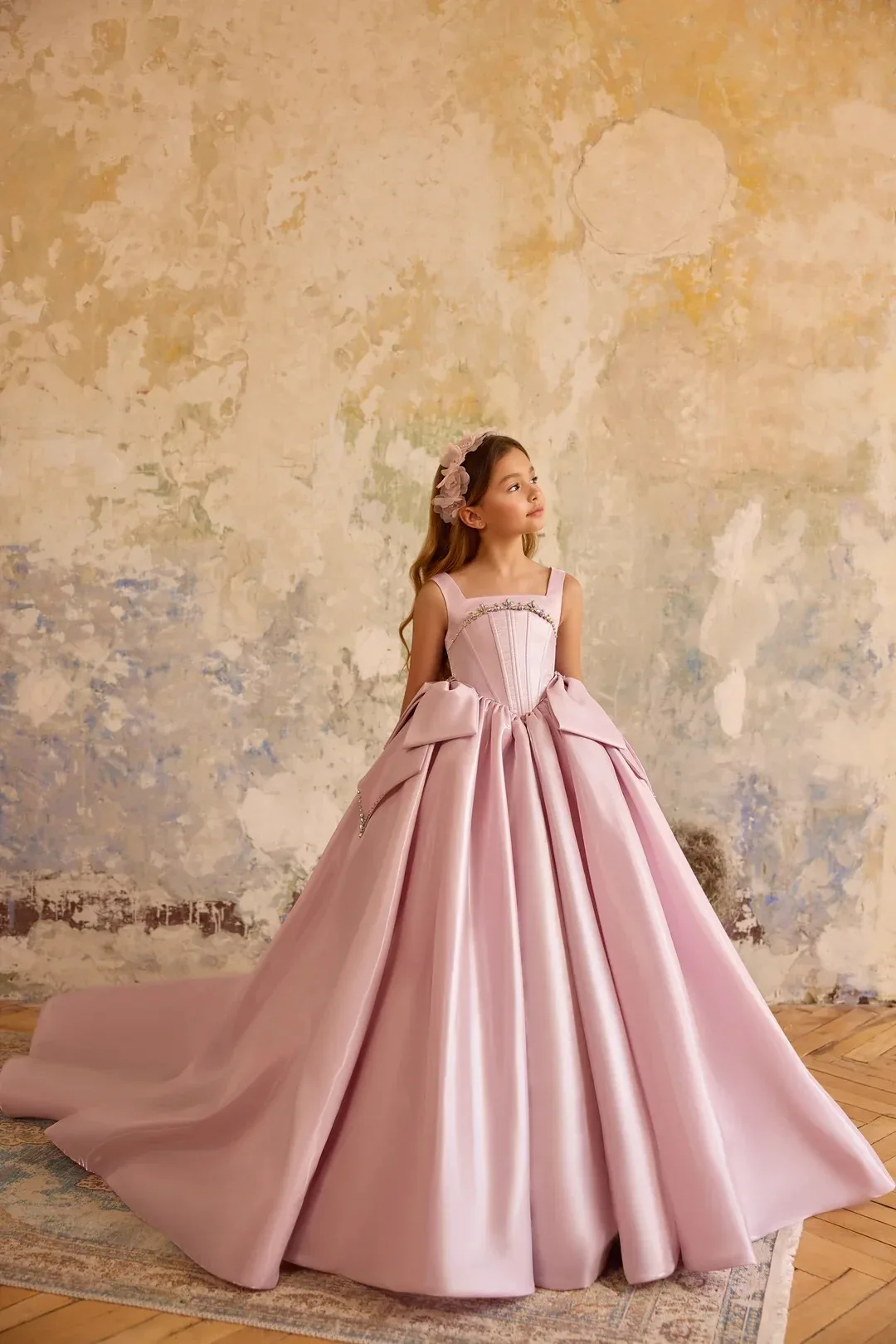Customized Elegant Pink Satin Girls Dress, Square Neck A-Line Ball Gown, Waist Butterfly Trail Flower Girl Dress, Wedding,