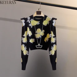 Vintage Flower Jacquard Sweater Women Pullover 2024 Spring Autumn O-Neck Bubble Long Sleeve Knitwear Crop Tops Pull Femme Jumper