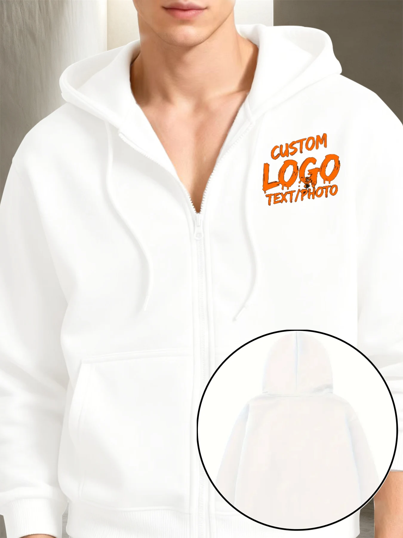 Custom Men's Hooded Sweatshirt, Personalized Zipper Pocket Pullover, Comfortable and Breathable, Bulk Customization
