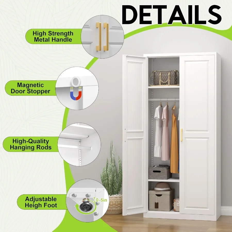خزانة ملابس بأبواب مقاس 71 بوصة، خزانة ملابس مع خزانة معدنية بقضيب مفصلي مع رفين قابلين للتعديل لغرفة النوم