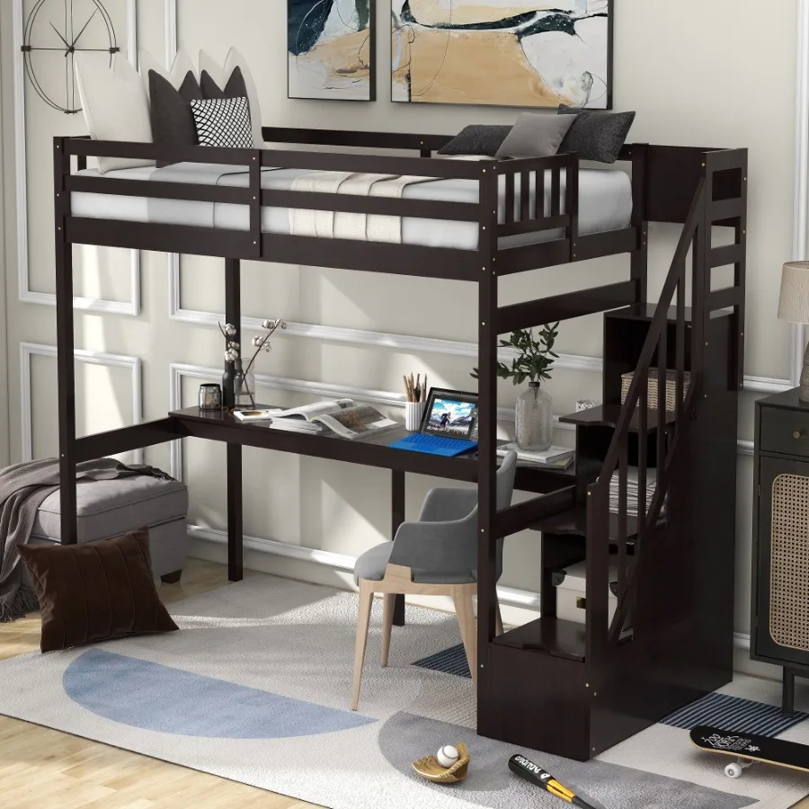 

Twin Size Loft Bed with Storage Staircase and Builtin Desk