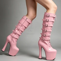 Jialuowei Lace Up Fibbia Tacco Alto Piattaforma Nero stivali di brevetto di modo di Ballo stivali di alta qualità di Alta ginocchio sexy delle donne di stivali