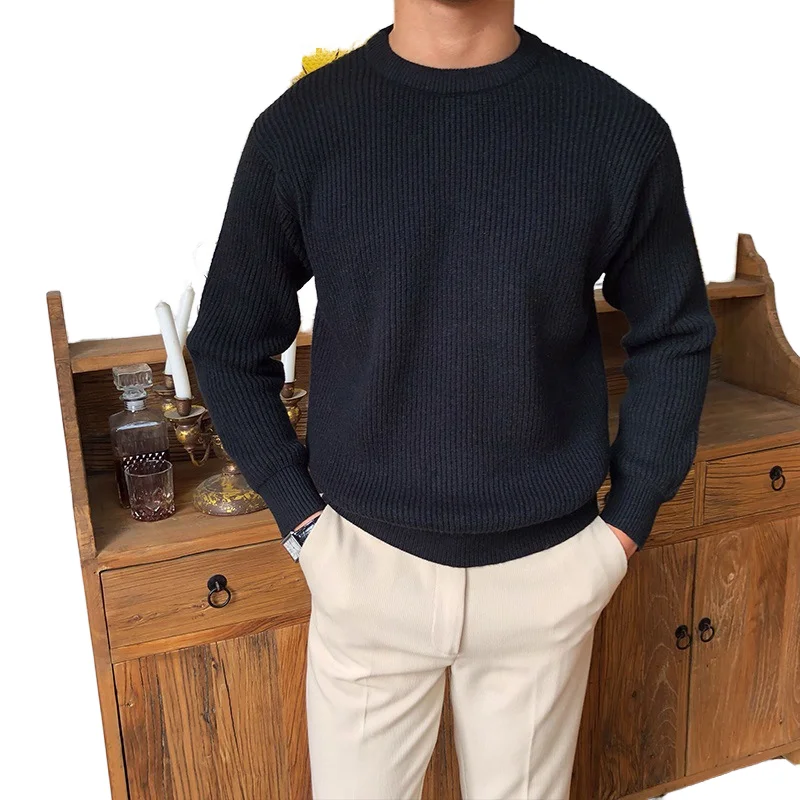 Мужской повседневный однотонный пуловер с круглым вырезом, свитер с теплой текстурой, вязаный джемпер с дышащей функцией на осень-зиму