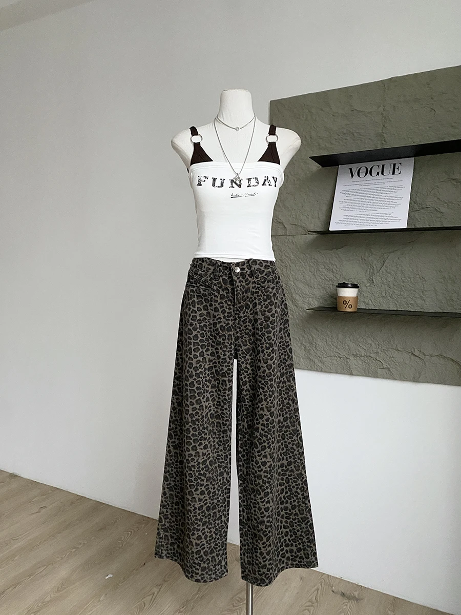 

Модные женские джинсы с леопардовым принтом и высокой талией, широкие брюки, универсальные осенне-зимние новые джинсовые брюки в корейском стиле, утягивающие фигуру