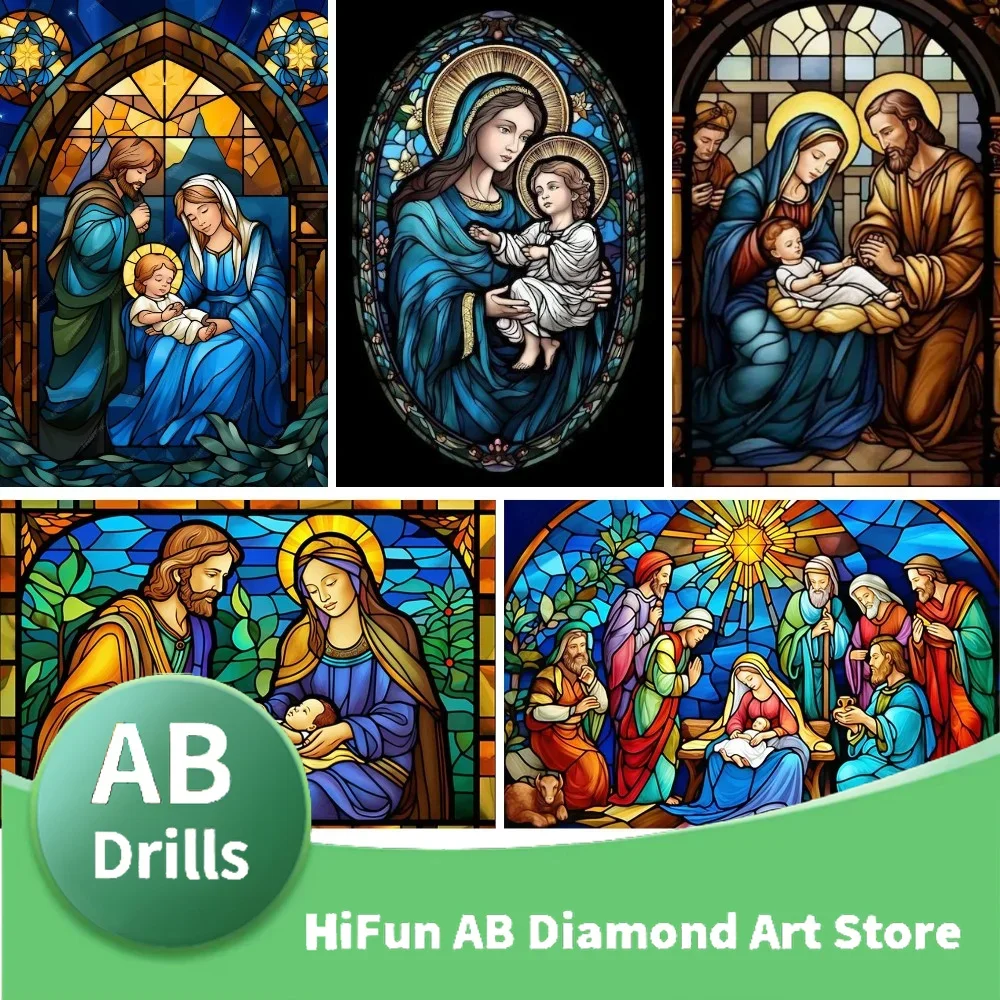 AB stenen diamant schilderij kruissteek gebrandschilderd glas met een kerststal, 5D DIY Gem borduurwerk kunst geboorte van christelijke Christus