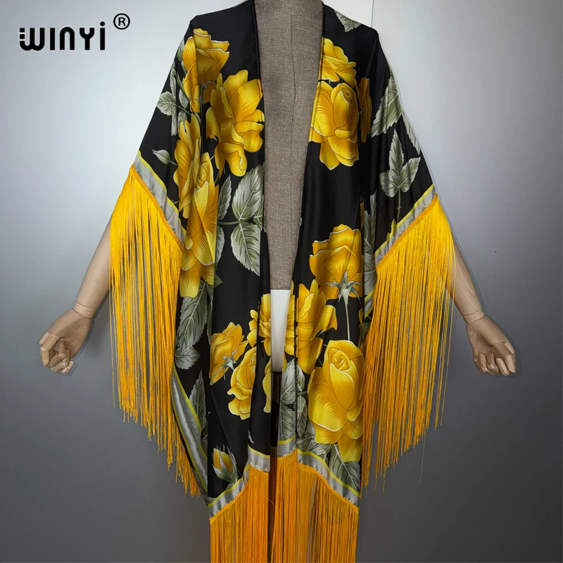 WINYI Copricostumi kimono africano Stampa bohemien Copricostume bikini Elegante cardigan moda sexy Abito lungo con nappe caftano da vacanza