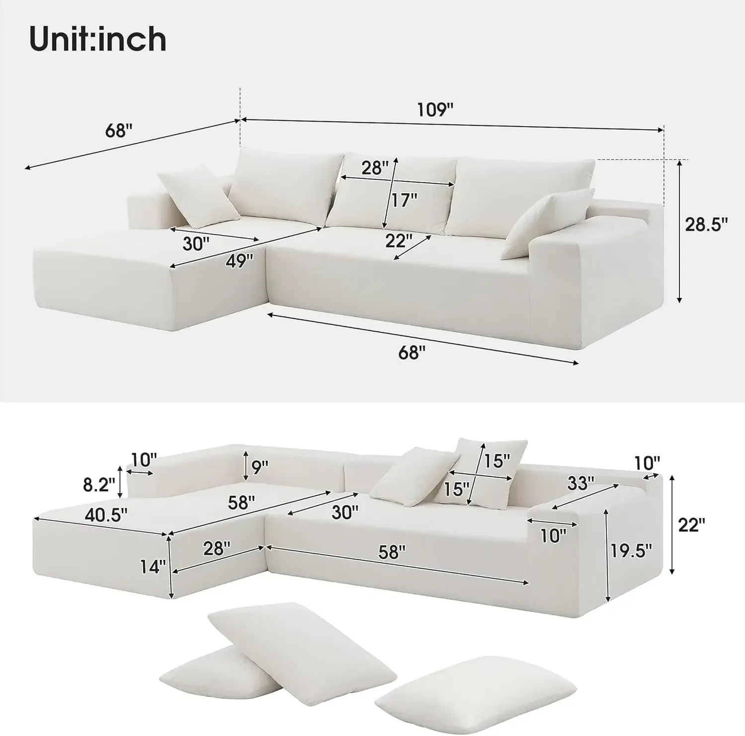 L-Shape Sectional Sofa Modular Sectional Living Room Sofa Set 109*68