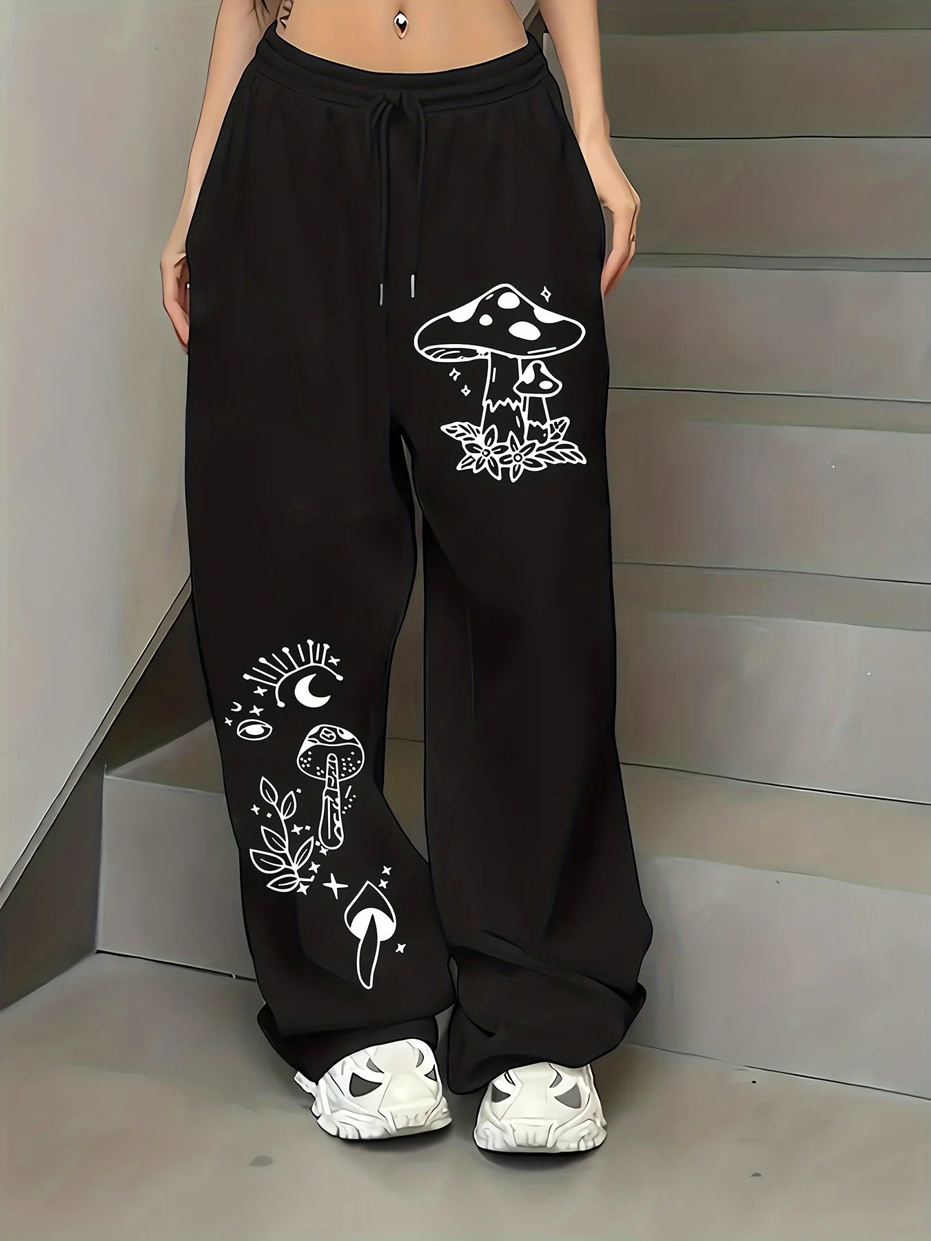 New style: Mushroom, Star Moon Fantasy, and Subcultural Printed Casual Running Pants for Women, Straight Leg Pants