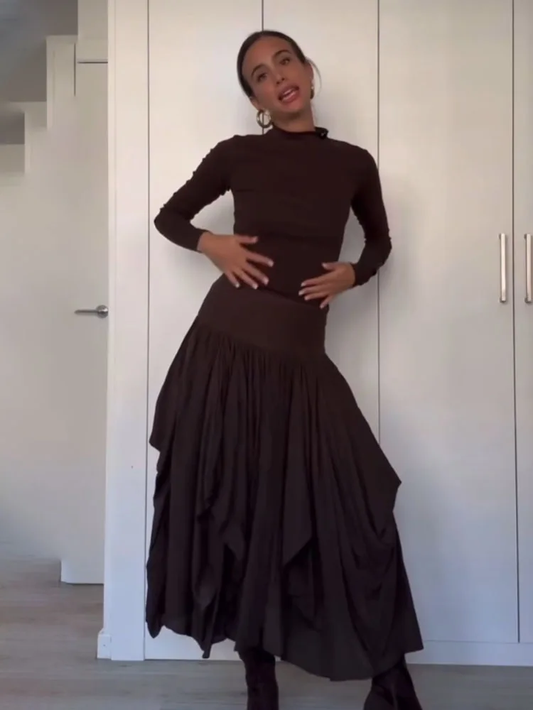 

HH Women's Fashion Solid Elastic Waist Asymmetrical Pleated Decoration Long Skirt Woman High Waist Casual Street Skirt