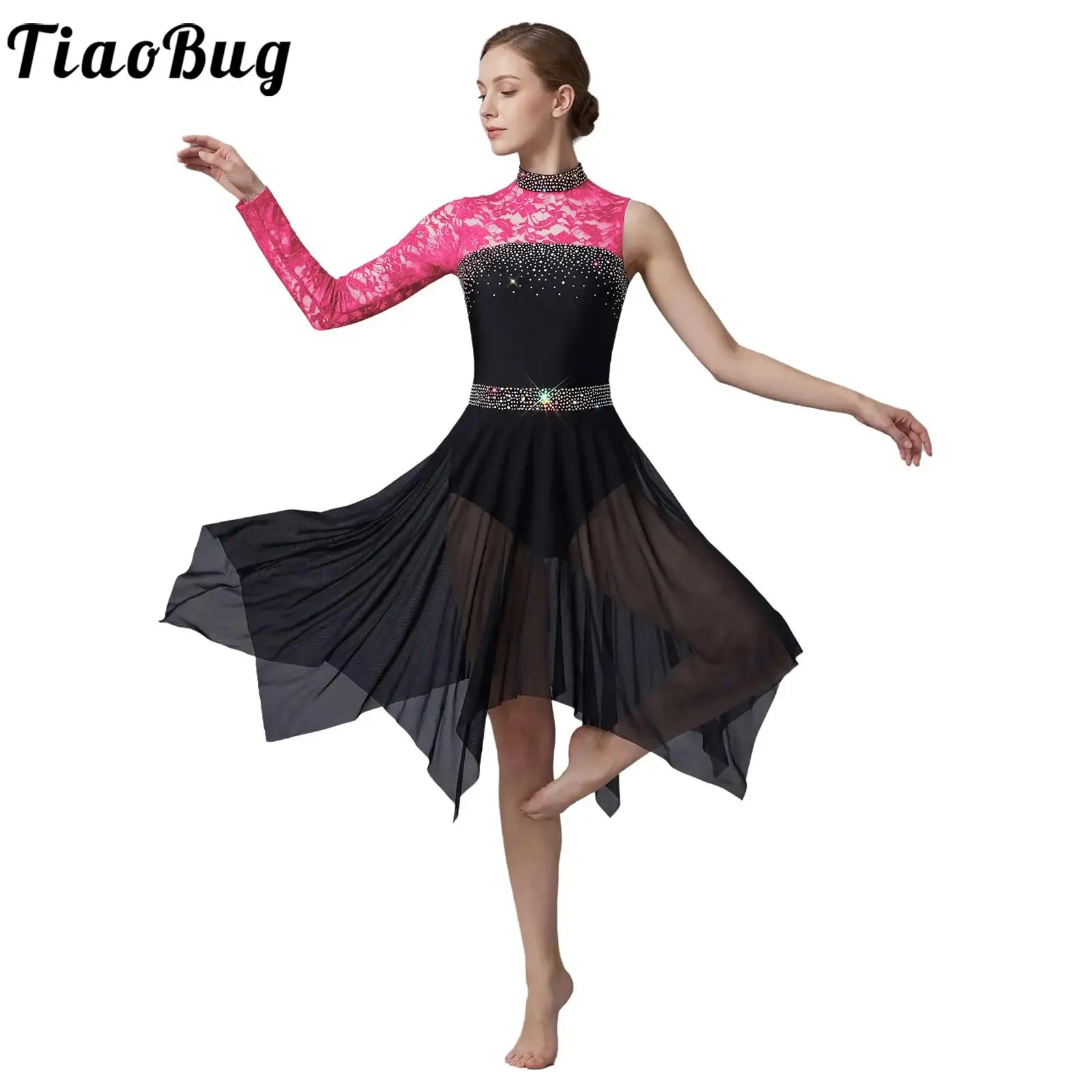 

Women Modern Lyrical Dance Asymmetrical Dress Single Sleeve Floral Lace Patchwork Leotards Mesh Skirted Dress for Waltz Skating