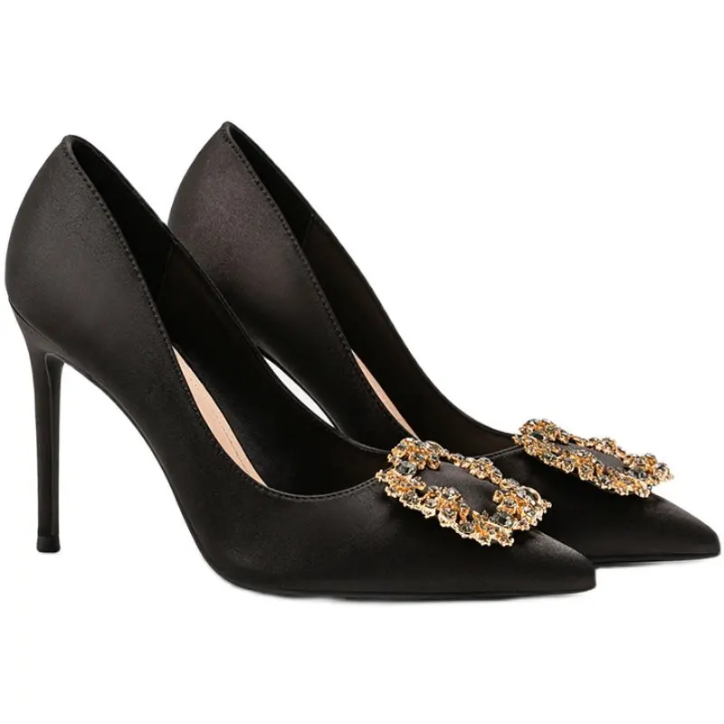 

Элегантные свадебные туфли со стразами, пикантные женские туфли на высоком каблуке с острым носком, на шпильке, универсальные черные рабочие туфли для подружки невесты