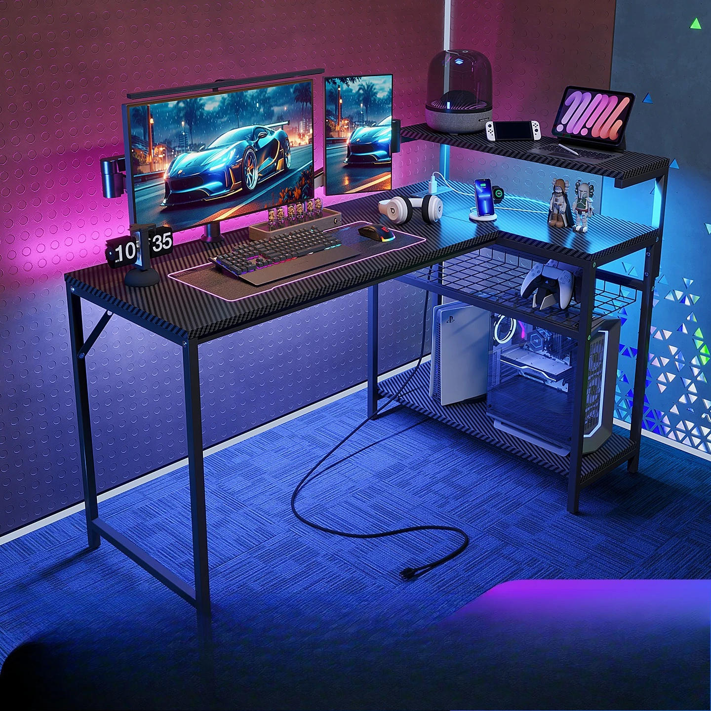 L-shaped computer desk Wooden desktop with CPU bracket Side pocket can be flipped black