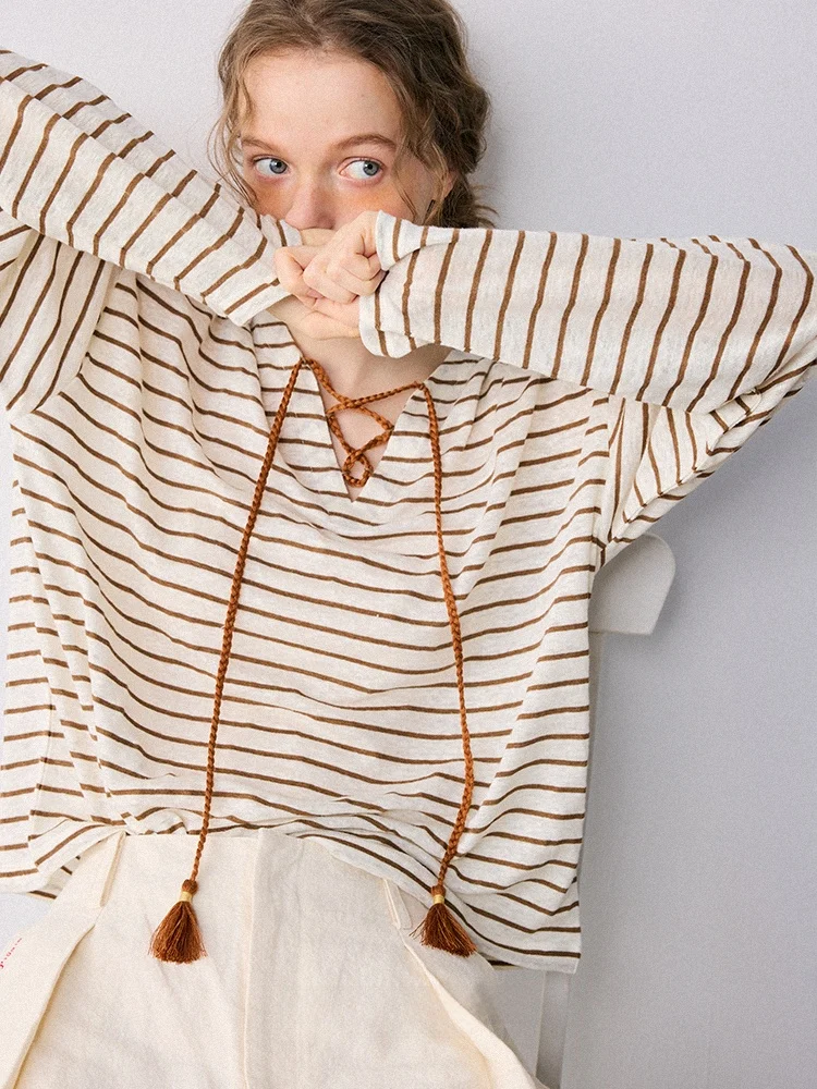 

PIGGIE PIGGIE Japanese Sle Linen Cotton Long Sve Sun Protection T-irt Ba Ne Patch Embroidery Cross Dstring PT0040