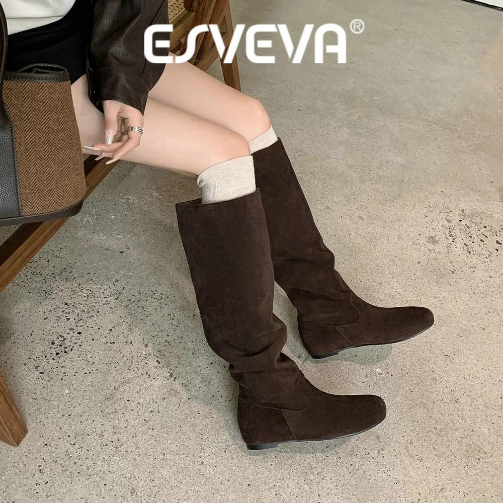 ESVEVA 2027 News Fashion Cow Suede Women Knee High Boots Winter Woman Shoes Wedge Heels Casual Autumn Wrinkled Long Boots 34-39