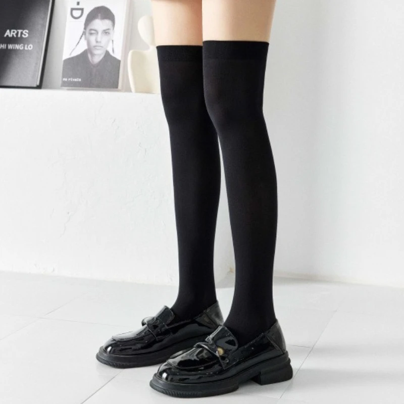 Kaus Kaki Wanita JK Warna Solid Kaus Kaki Setinggi Lutut Tipis Kaus Kaki Panjang Lolita Hitam Putih Lucu Stoking Cosplay Kawaii Anak Perempuan