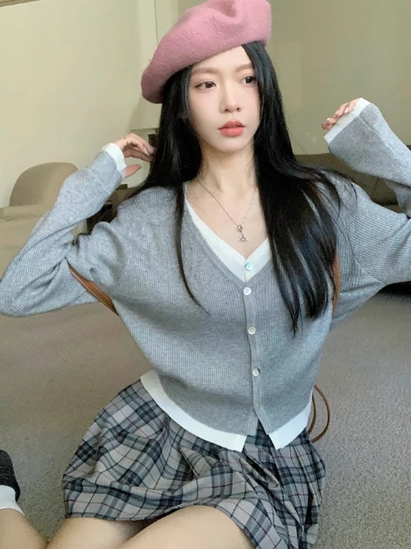 

Autumn Chic Spliced Color Blo Knitted Cardigan Women's Lazy Outerwear Sweater Top Sweet Sle round Ne Other Material