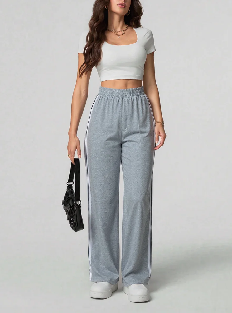 Women Wide Leg Pants Grey Side Stripe Elastic High Waist Loose Straight Sweatpants Casual Daily Street Trousers