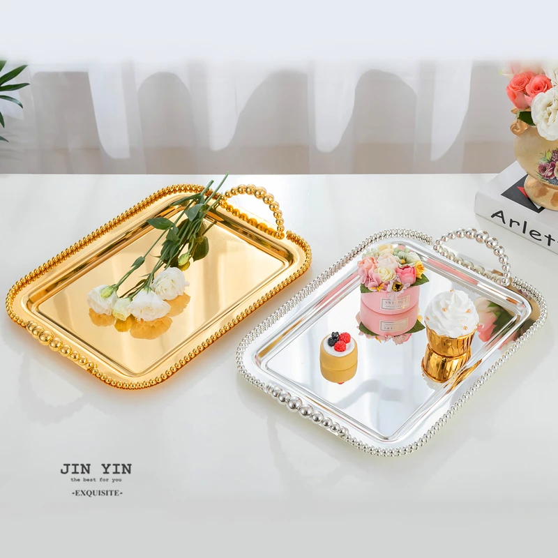 42x28cm Fashion Rectangle Silve/Gold Metal Serving Trays Storage Tray Cutlery Tray For Kitchen Organizer  FT028