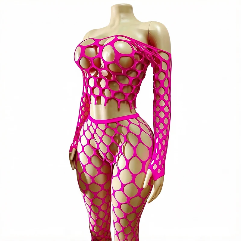 

1 Set Sexy Fishnet Set Hollow Out See Through Long Sleeve Top & Pant Elastic Lingerie for Music Festival Vacation Beach Wear