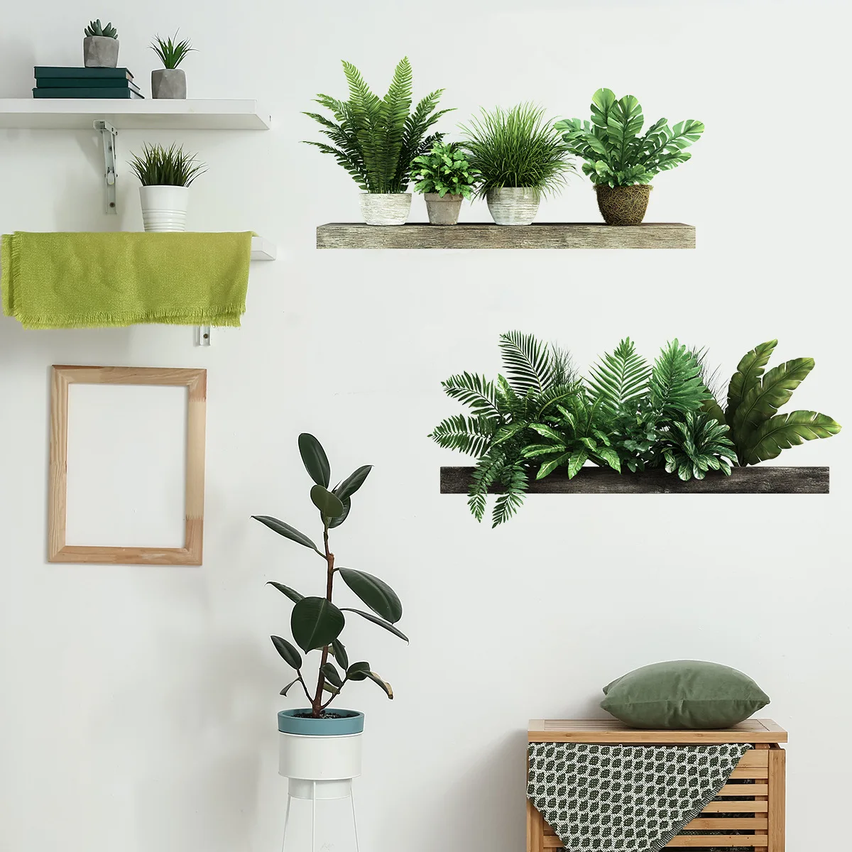 

5pc Green Leaf Plant Wall Stickers Realistic Potted Plants Decor Eco-friendly Self-Adhesive For Living Room Bedroom Wall Decor