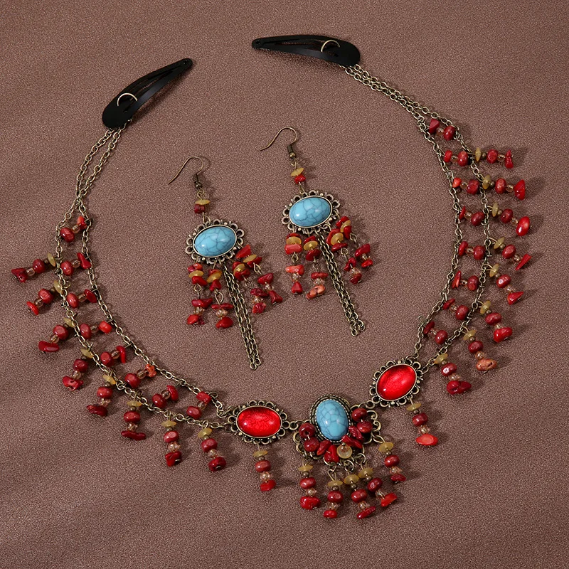 Ethnic Style Red Forehead Jewelry Sets Eyebrow Pendant Necklace Retro Exotic Earring Jewelry Accessories For Women