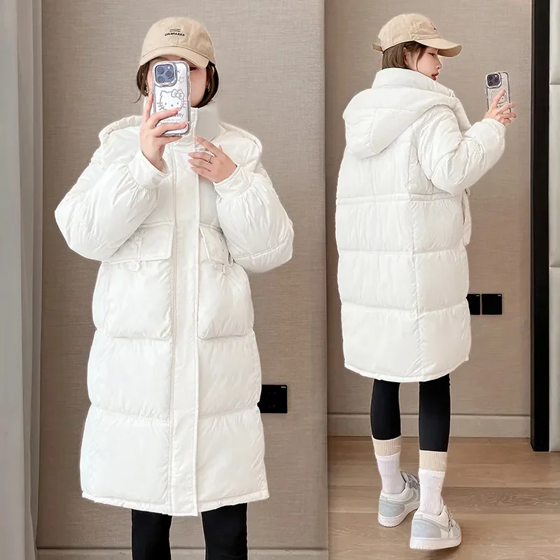 Long Down Cotton Jacket For Women Long 2024 new Korean Version Loose Hooded ParkaThick Winter Cotton Coat Outerwear Pink White