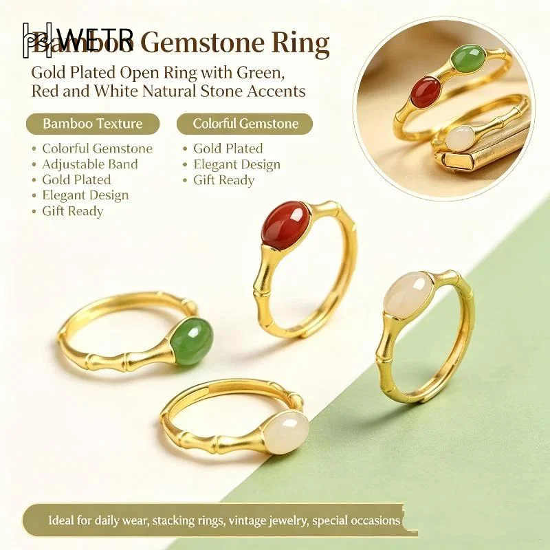 Green Natural Jade Red Agate Ring Bamboo Ring Stone Carved Gemstone Vintage Lucky Talisman Adjustable Ring Jewelry Gift