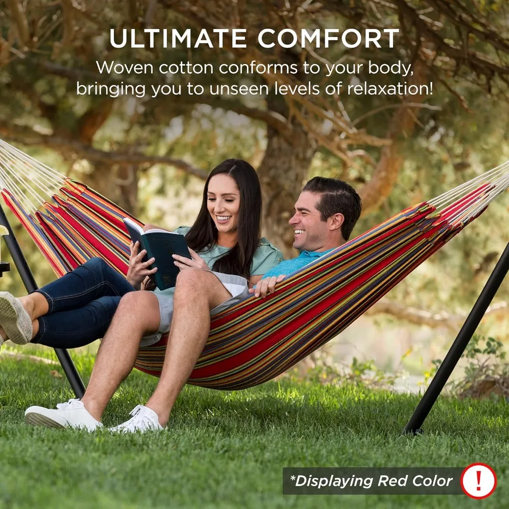 

Double Hammock with Steel Stand, Indoor Outdoor Brazilian-Style Cotton Bed w/Carrying Bag, 2-Person Capacit