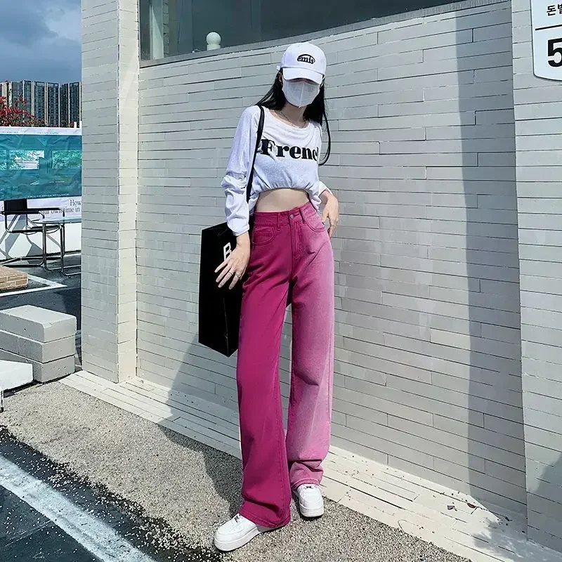 Trousers Autumn Wide Leg Denim Pants Woman Gradient Red Jeans for Women Straight Clothes Summer Streetwear Cool Vibrant Cowboy R