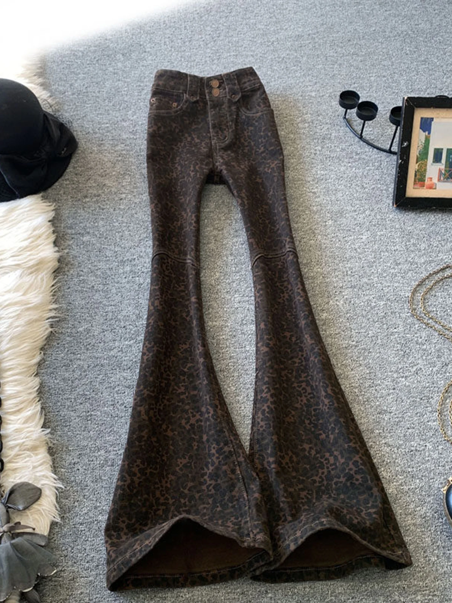 

Retro Slim Fit High Waist Bell Bot Denim Jeans Women's Spring New Sle Spicy Leopard Print Elastied Casual Trousers