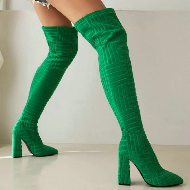

2023 Women Over the Knee Boots Fashion Pointed Toe Square High Heel Ladies Thigh Boots Microfiber Slip on Winter Women's Boots