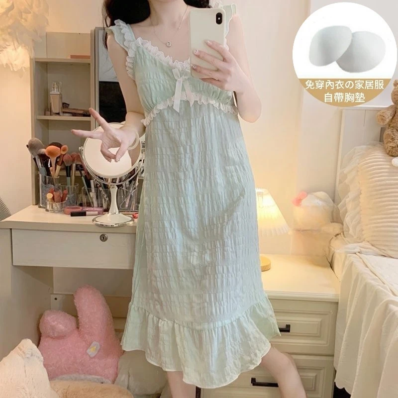 Damen Sommer V-Ausschnitt Gepolstertes Nachthemd Mädchen Einfarbige Spitzen-Homewear Studentin Süße Loungewear Kleidung Damen Lässige Schlafbekleidung