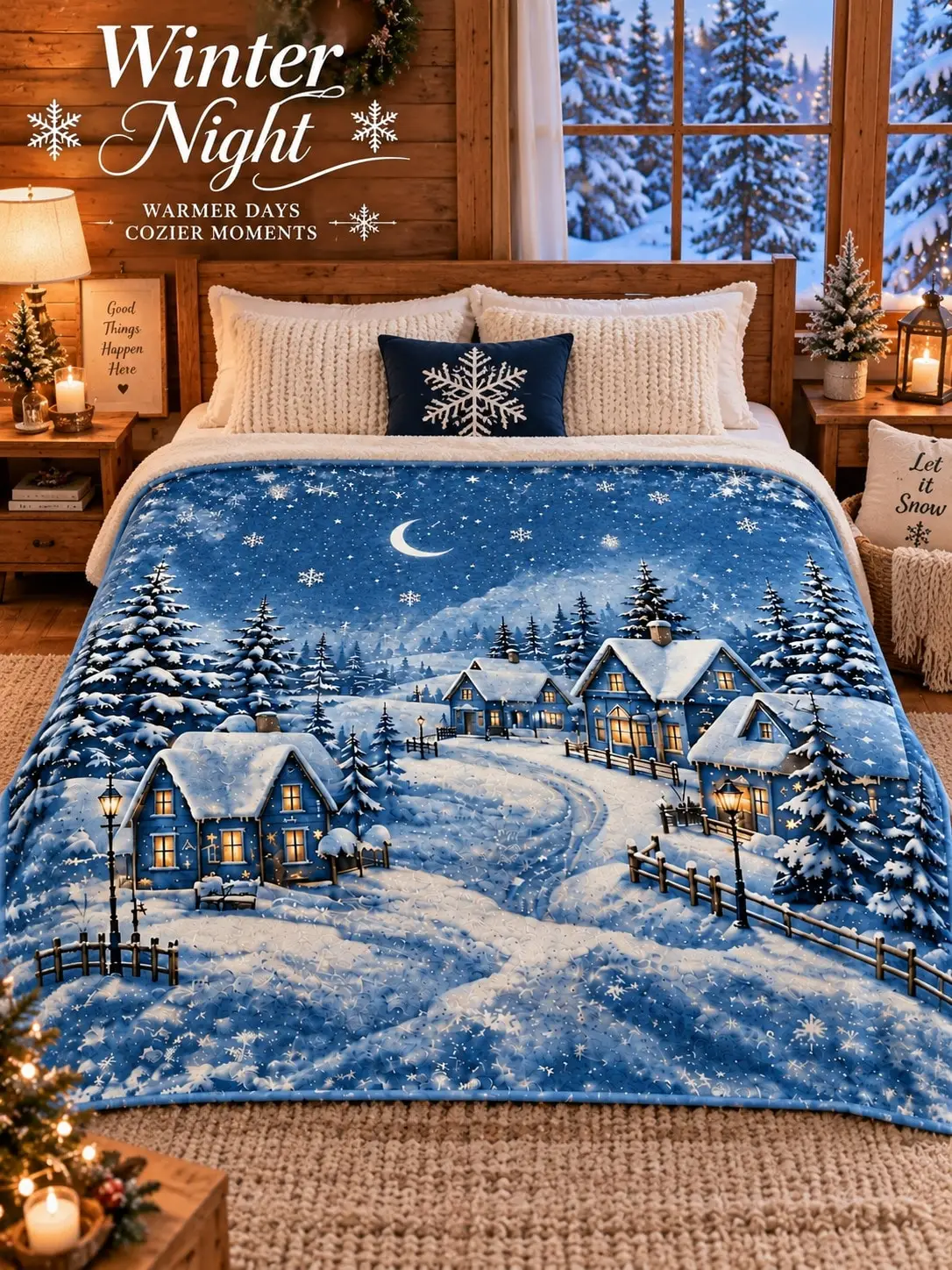 Winter Flannel Blankets & Throws Snow Village Houses Crescent Moon Pine Trees Snowflakes Night Scene Bedding Sofa Couch Bed Living Room Bedroom Home Decor Fireplace Cabin Lounge Nap Christmas Gift for Family Friends House Decoration Reading Travel RV