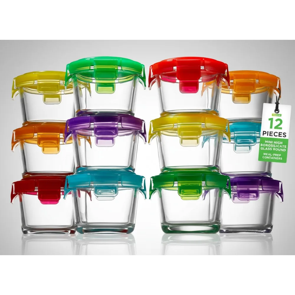 

Набор стеклянных контейнеров для хранения продуктов питания, 12 предметов, штабелируемые круглые контейнеры для приготовления еды на 4,48 унции — безопасный для микроволновой печи и морозильной камеры для детского питания, закусок