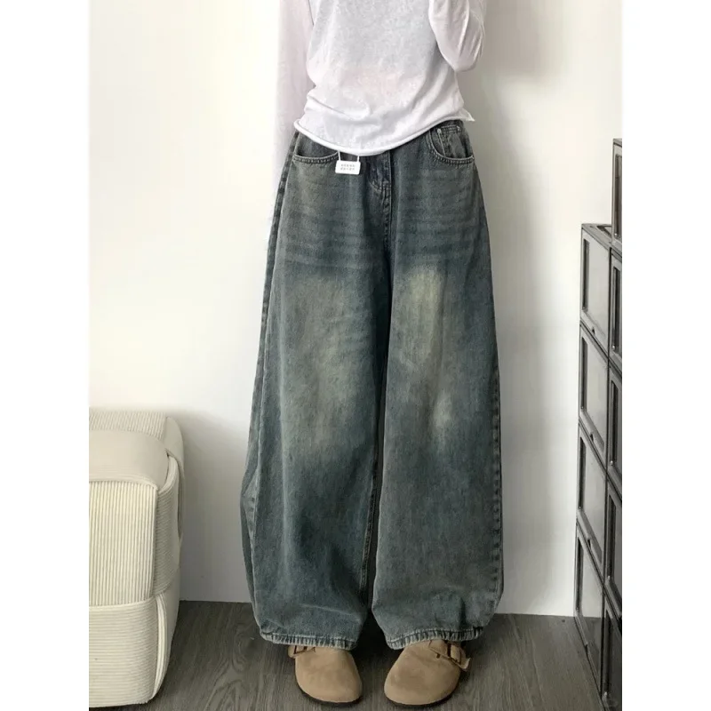 

American Retro High Waist Straight Leg Jeans Women's Spring Summer High Street Loose Slimming Draping Wide Leg Floor-Length Pant