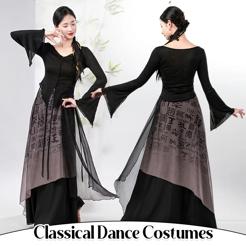 1 Set Women Chinese Ink Style Classical Dance Dress Gradient Flowing Fairy Practice Dance Dress Stage Performance Costume