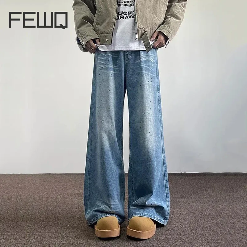 

FEWQ Niche Design Men's Denim Pants Splash-ink Casual Droop Straight Wide Leg Male Loose Trousers Autumn Trendy 2024 24E2280